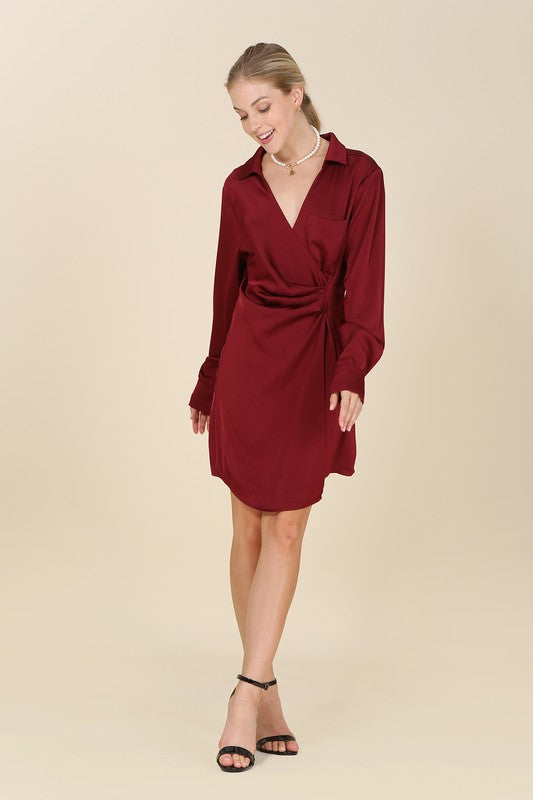 Satin collared wrap mini dress - Jake J Shop