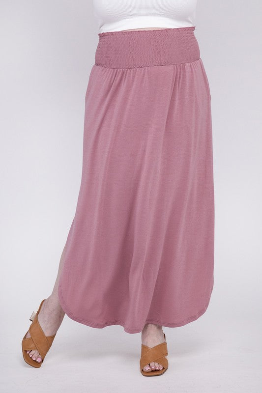 ZENANA Summer Women Plus Size Maxi Skirt w/ Pockets Smocked Waist Side Slit