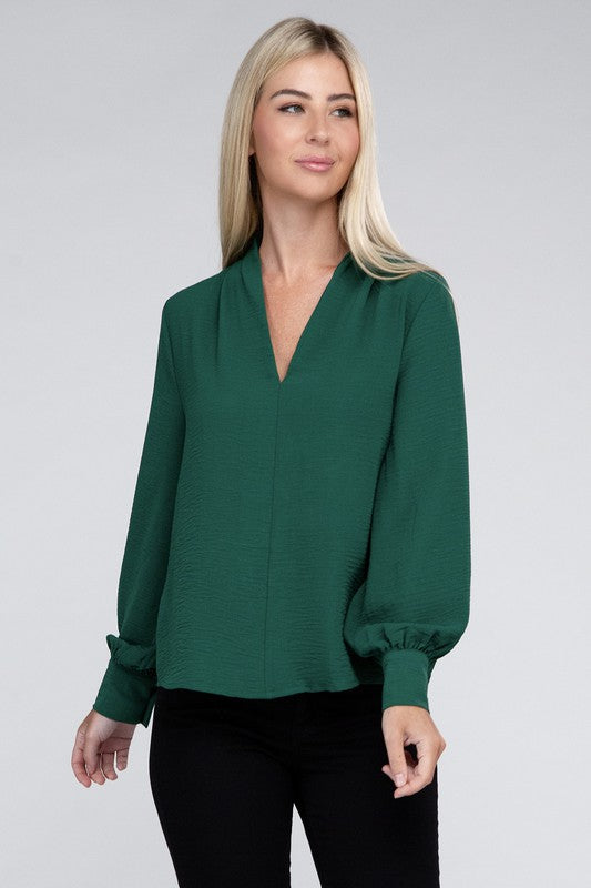 Woven Airflow V-Neck Long Sleeve Top