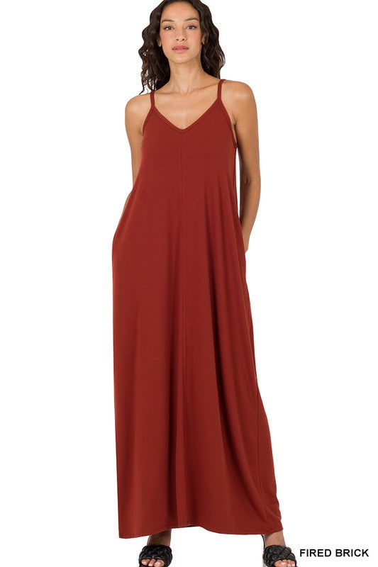 V-Neck Cami Maxi Dress with Side Pockets - Jake J Shop