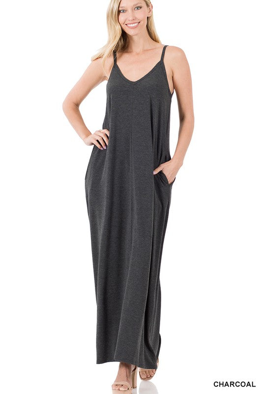 V-Neck Cami Maxi Dress with Side Pockets - Jake J Shop