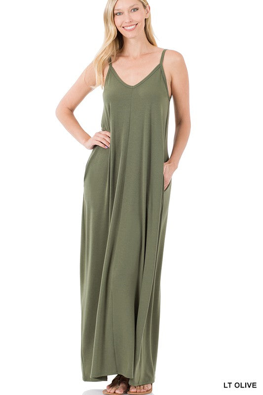 V-Neck Cami Maxi Dress with Side Pockets - Jake J Shop