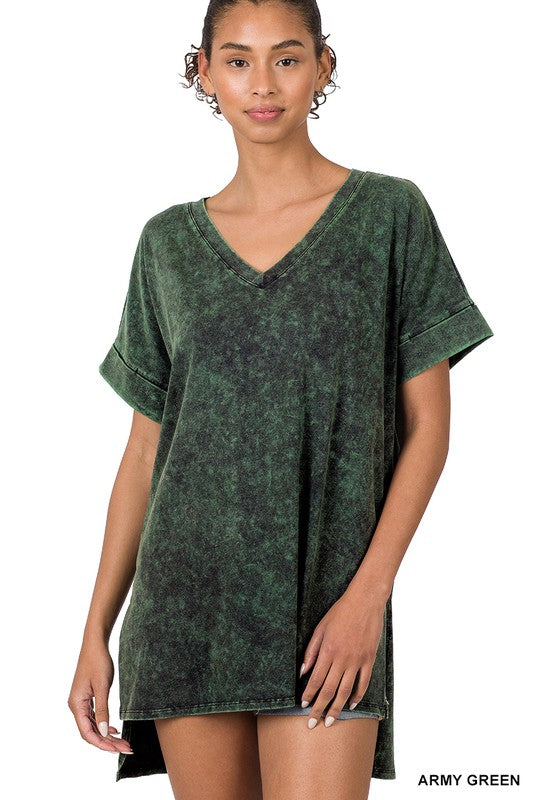 Mineral Wash Rolled Short Sleeve V-Neck Top - Jake J Shop