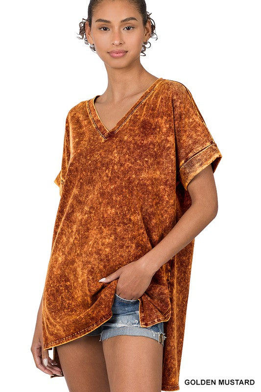 Mineral Wash Rolled Short Sleeve V-Neck Top - Jake J Shop