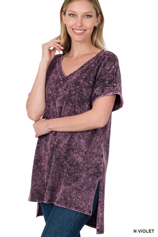 Mineral Wash Rolled Short Sleeve V-Neck Top - Jake J Shop