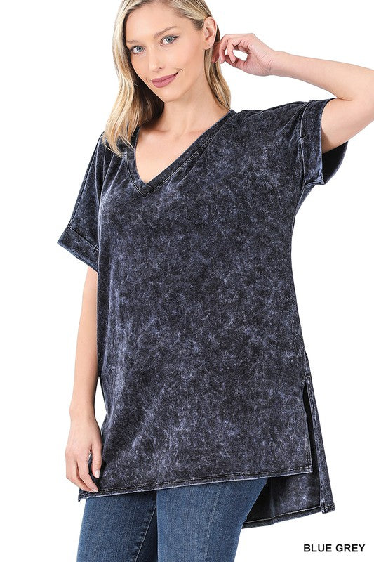 Mineral Wash Rolled Short Sleeve V-Neck Top - Jake J Shop