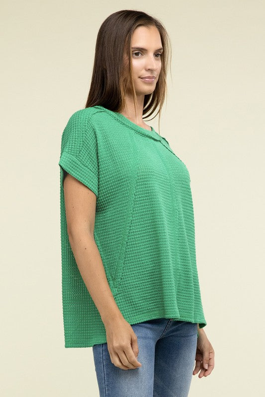 Brushed Waffle Exposed-Seam Short Sleeve Top