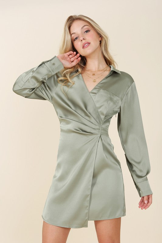 Satin collared wrap mini dress - Jake J Shop