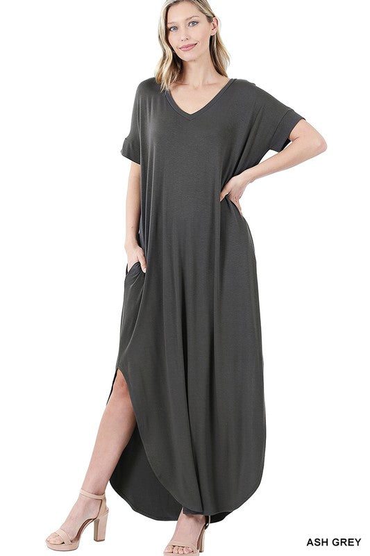 Viscose Fabric V-Neck Short Sleeve Maxi Dress - Jake J Shop