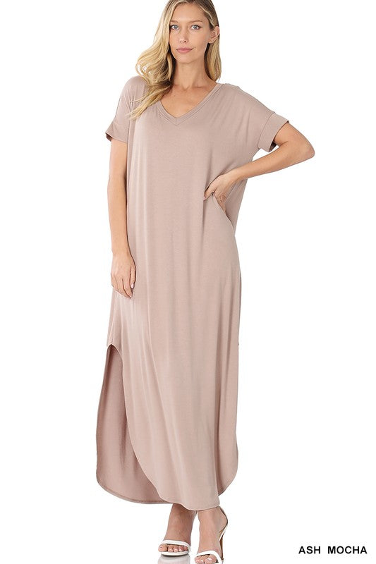 Viscose Fabric V-Neck Short Sleeve Maxi Dress - Jake J Shop