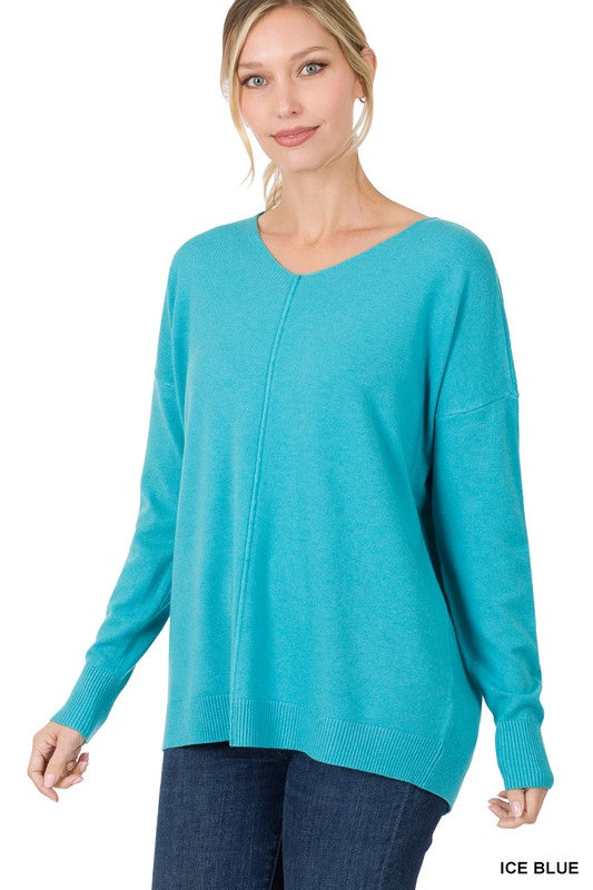 Hi-Low Garment Dyed V-Neck Front Seam Sweater