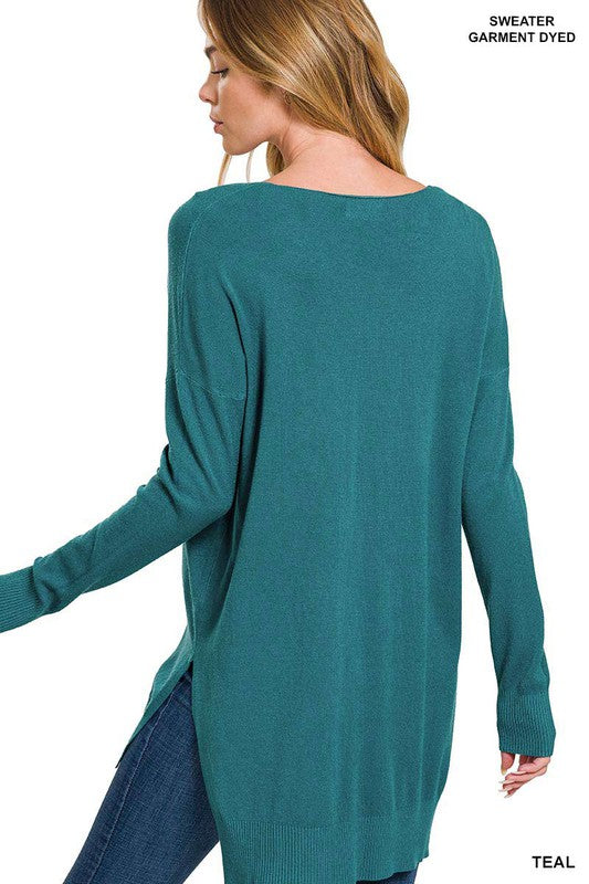 Hi-Low Hem V-Neck Center Seam Sweater