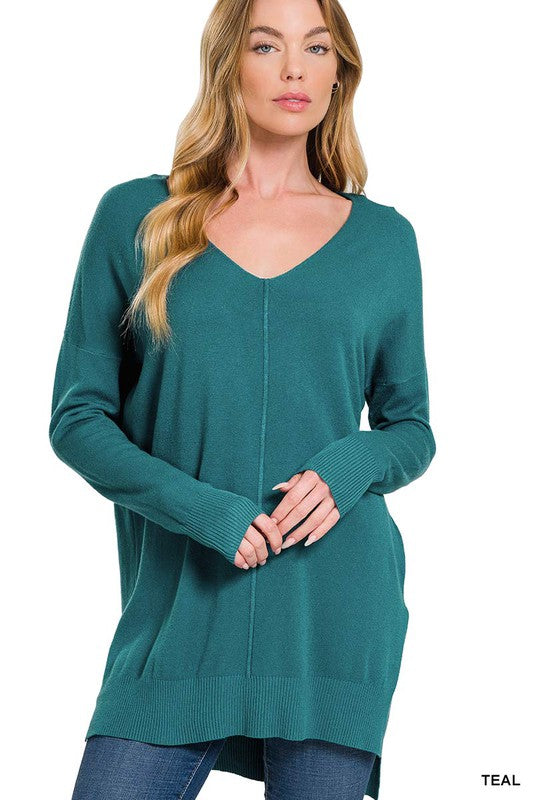 Hi-Low Hem V-Neck Center Seam Sweater