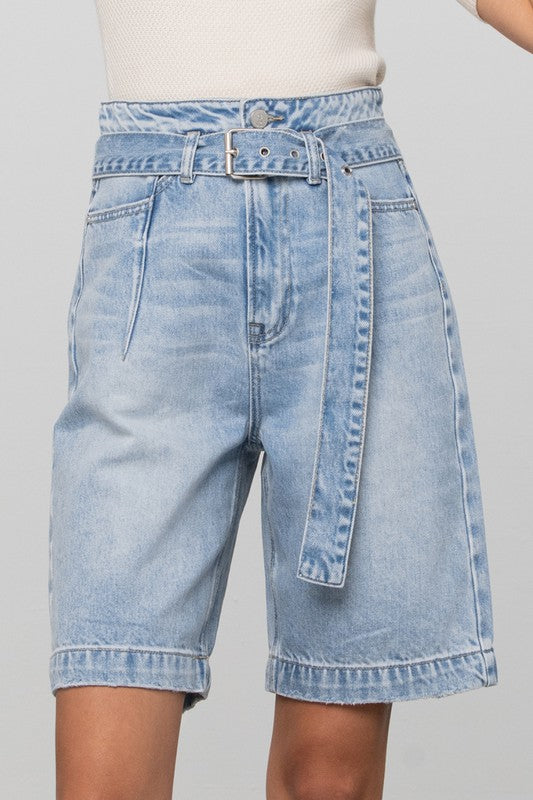 Self Belted Bermuda Denim Shorts