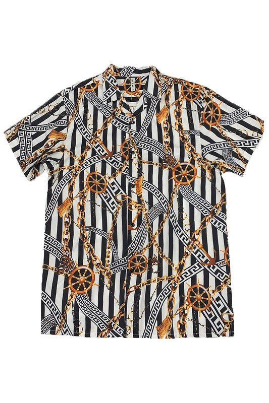 MENS GOLD CHAIN STATUS PRINT BUTTON DOWN SHIRT - Jake J Shop