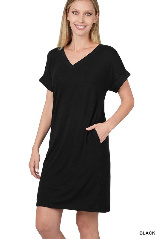 Rolled Short Sleeve V-Neck Dress