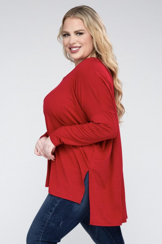 Plus Dolman Sleeve V-Neck Side Slit Hi-Low Hem Top