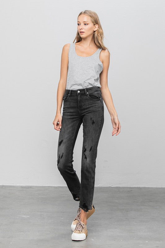 Mid Rise Distressed Straight Jeans