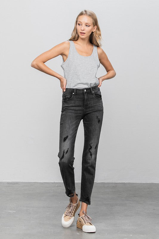 Mid Rise Distressed Straight Jeans