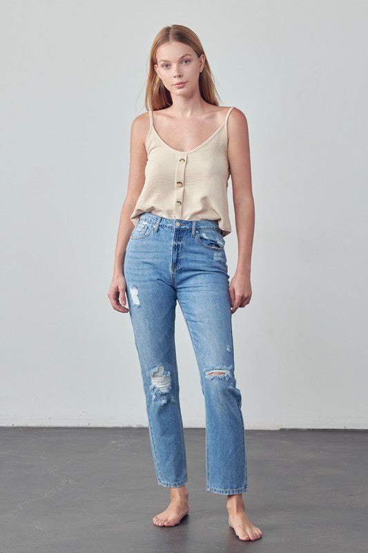 High Rise Distressed Straight Jeans