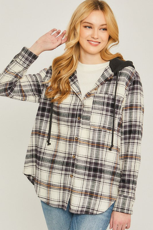 Plaid Flannel Button Up Shacket with Hood - Jake J Shop