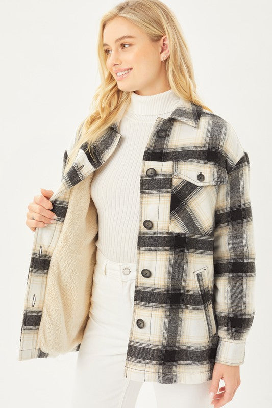 Plaid Button Up Jacket with Sherpa Lining - Jake J Shop