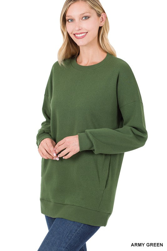 Long Sleeve Round Neck Sweatshirt Side Pockets