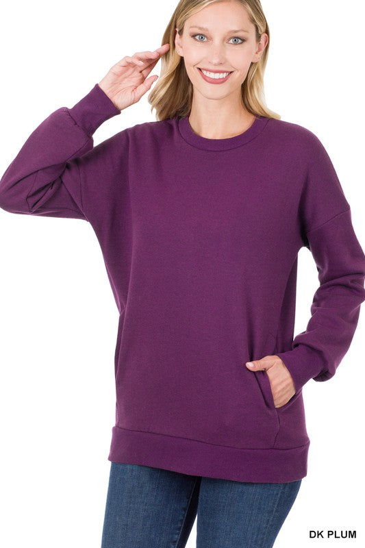 Long Sleeve Round Neck Sweatshirt Side Pockets