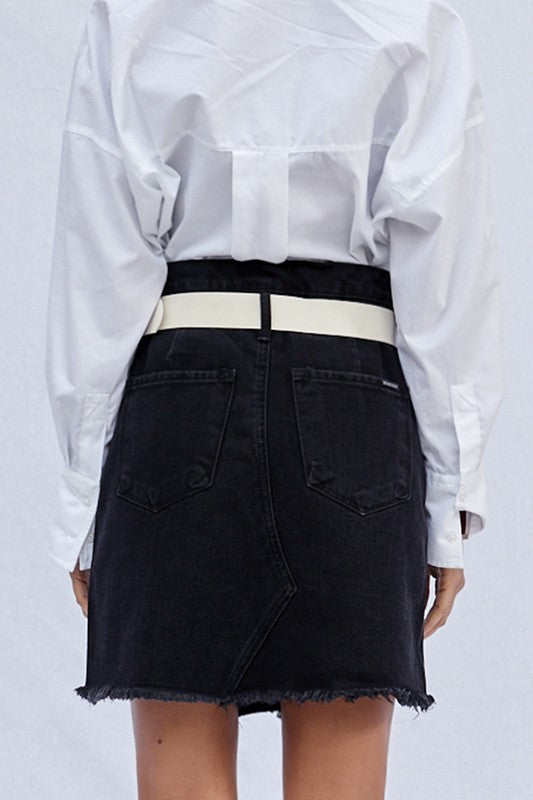 High Waist Belted Mini Denim Skirt