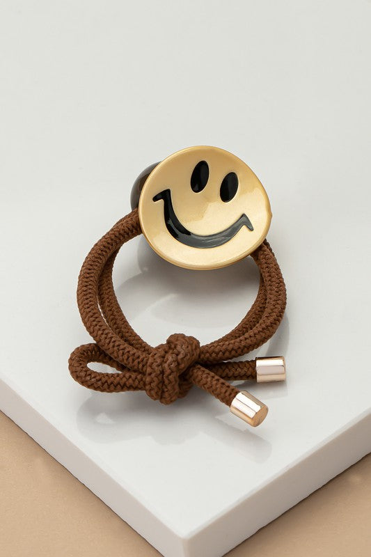 Smiley face hair elastic tie with a grey bead - Jake J Shop