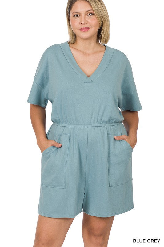 Plus Drop Shoulder V-Neck Romper with Pockets