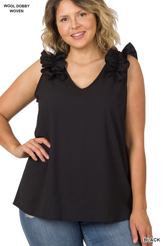 Plus Woven Wool Dobby Ruffle Trim Sleeveless Top