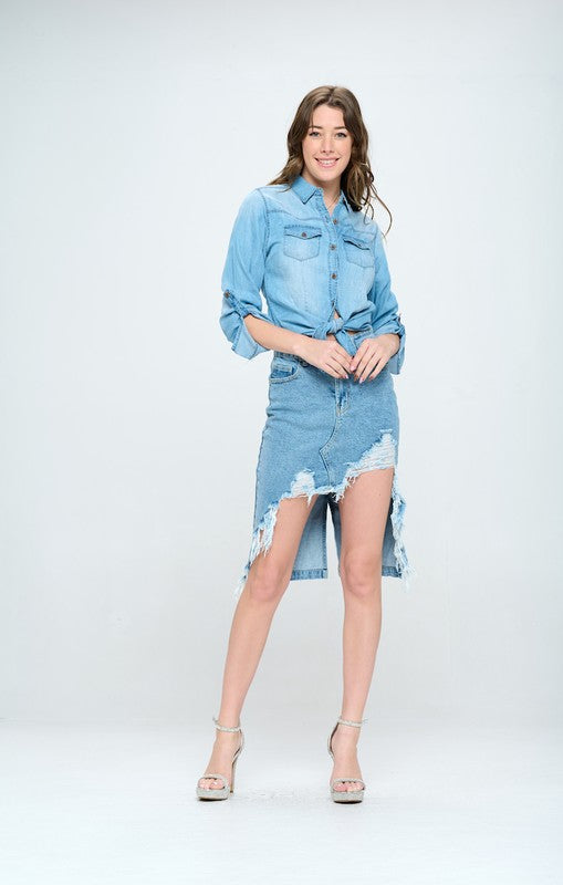 FRONT DESTROYED DENIM SKIRT - Jake J Shop