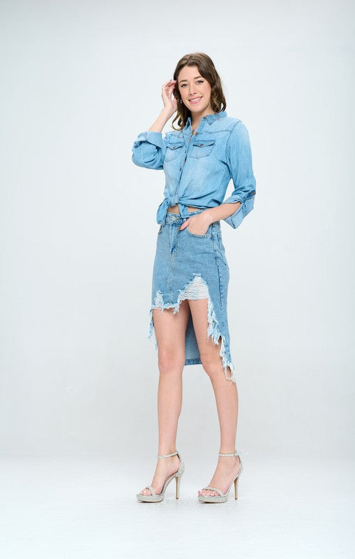 FRONT DESTROYED DENIM SKIRT - Jake J Shop