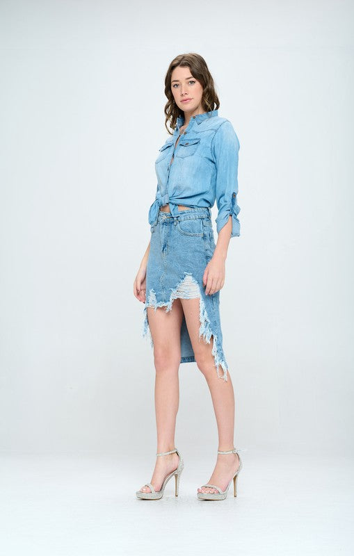 FRONT DESTROYED DENIM SKIRT - Jake J Shop