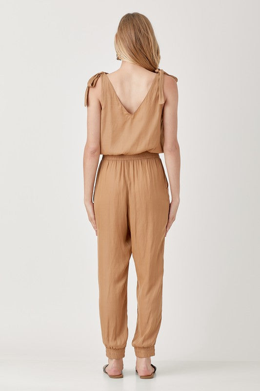 V-Neck Smocked Waist Jogger Jumpsuit - Jake J Shop