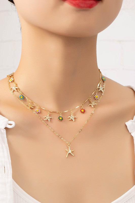 Two row star and flower charm drop necklace - Jake J Shop