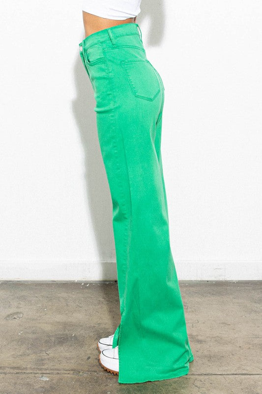 Front Slit Wide Leg Tencel Pants Hi-Rise