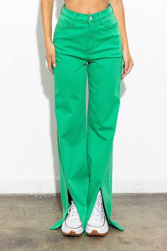 Front Slit Wide Leg Tencel Pants Hi-Rise