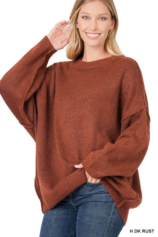 Oversized Round Neck Raw Seam Melange Sweater