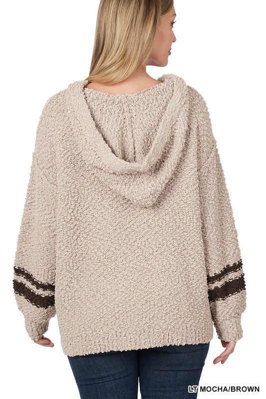 Hooded Front Pocket Popcorn Sweater