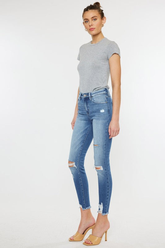 High Rise Fray Hem Ankle Skinny Jeans