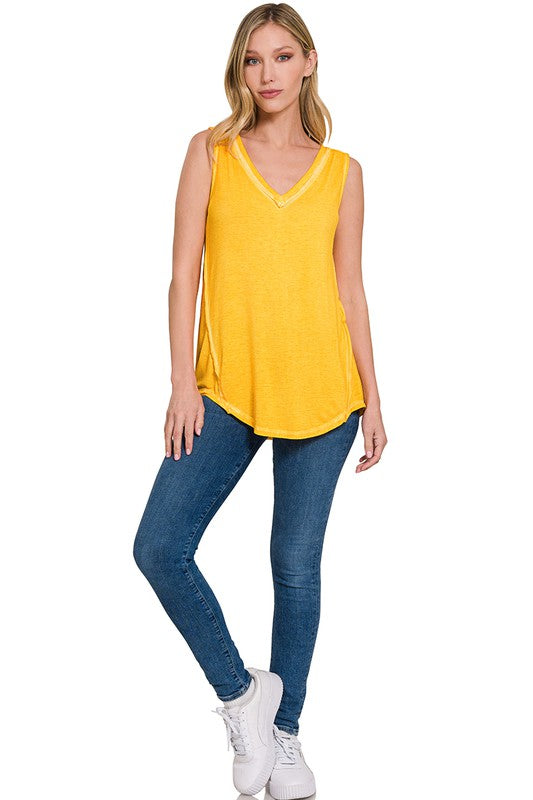 Faded Washed Sleeveless V-Neck Top with Hi-Low Hem