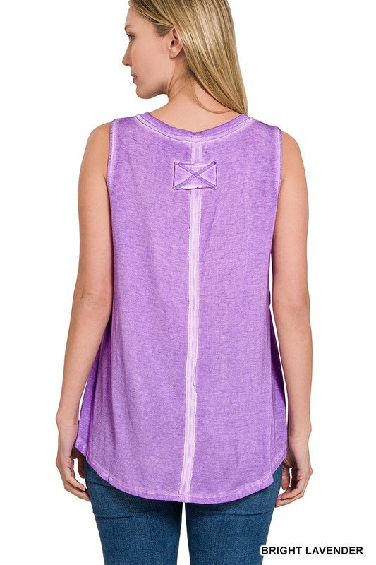 Faded Washed Sleeveless V-Neck Top with Hi-Low Hem