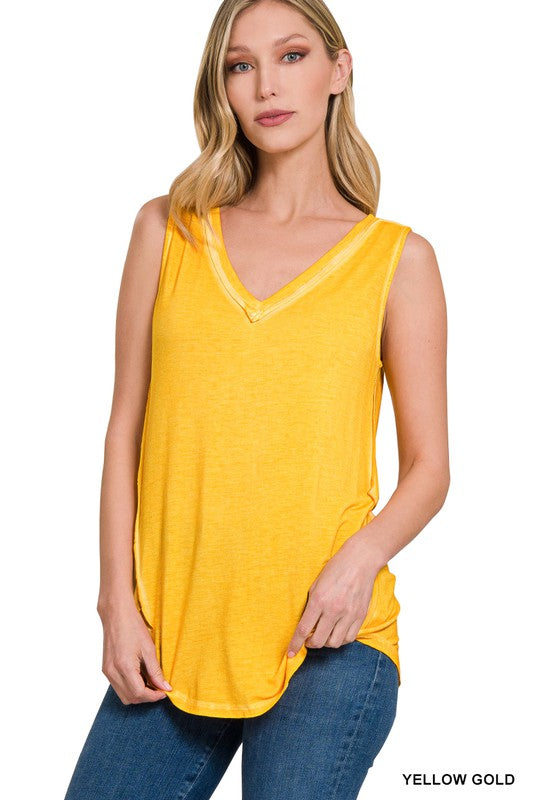 Faded Washed Sleeveless V-Neck Top with Hi-Low Hem