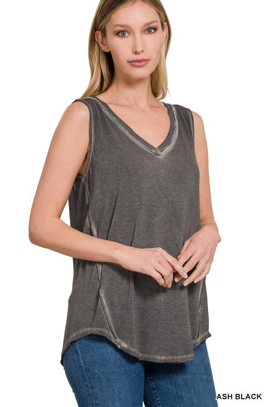 Faded Washed Sleeveless V-Neck Top with Hi-Low Hem