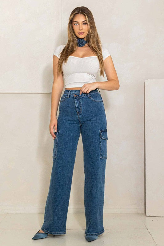 High Rise Crossed Waist Cargo Wide Jeans - Jake J Shop