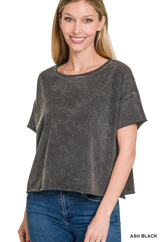 Acid Wash Raw Edge Short Sleeve Crop Top - Jake J Shop