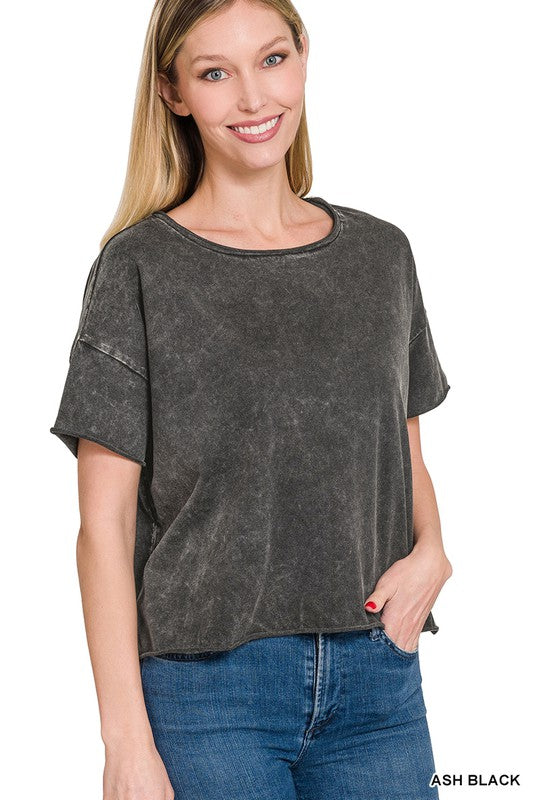 Acid Wash Raw Edge Short Sleeve Crop Top - Jake J Shop