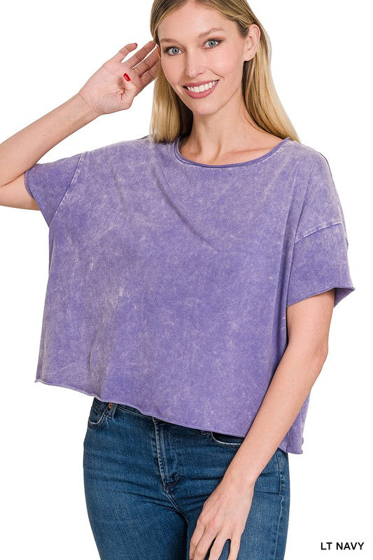 Acid Wash Raw Edge Short Sleeve Crop Top - Jake J Shop